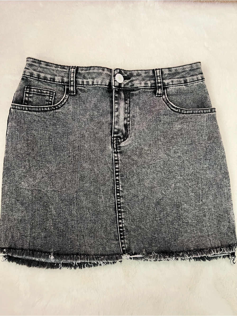 Grey Washed Denim Mini Skirt with Frayed Hem